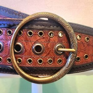 Tooled Two-Toned Vegan Leather and Brass Belt